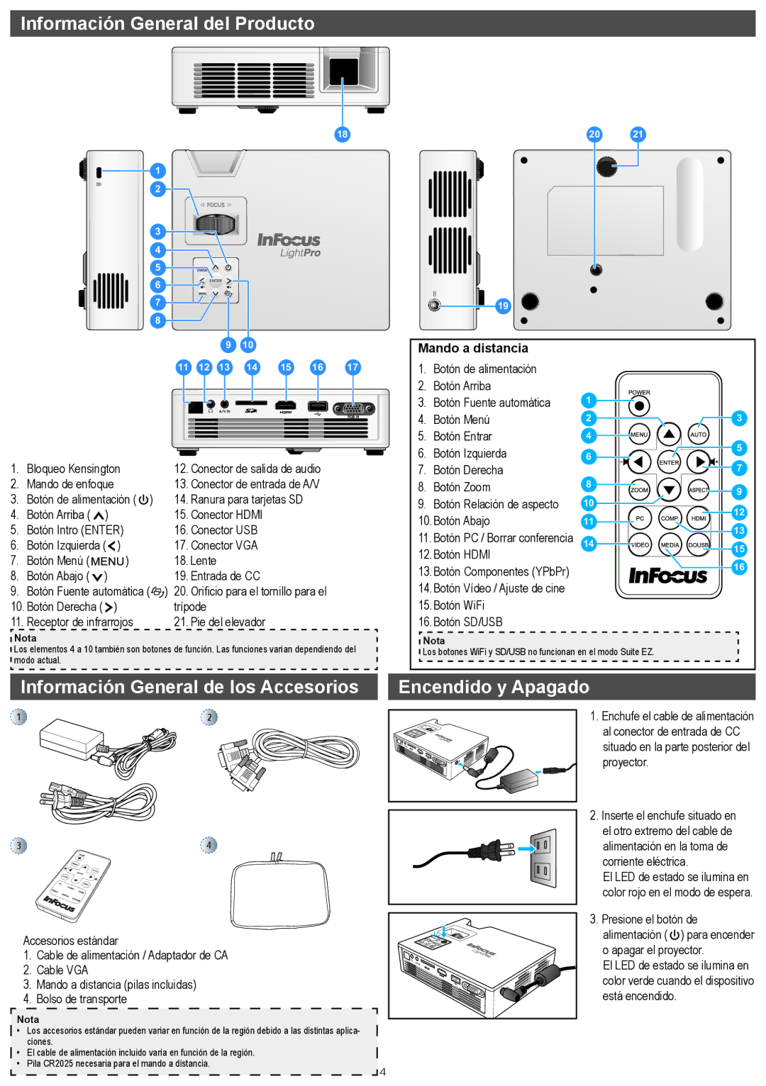 InFocus IN1146 manual Información General del Producto, Información General de los Accesorios Encendido y Apagado 