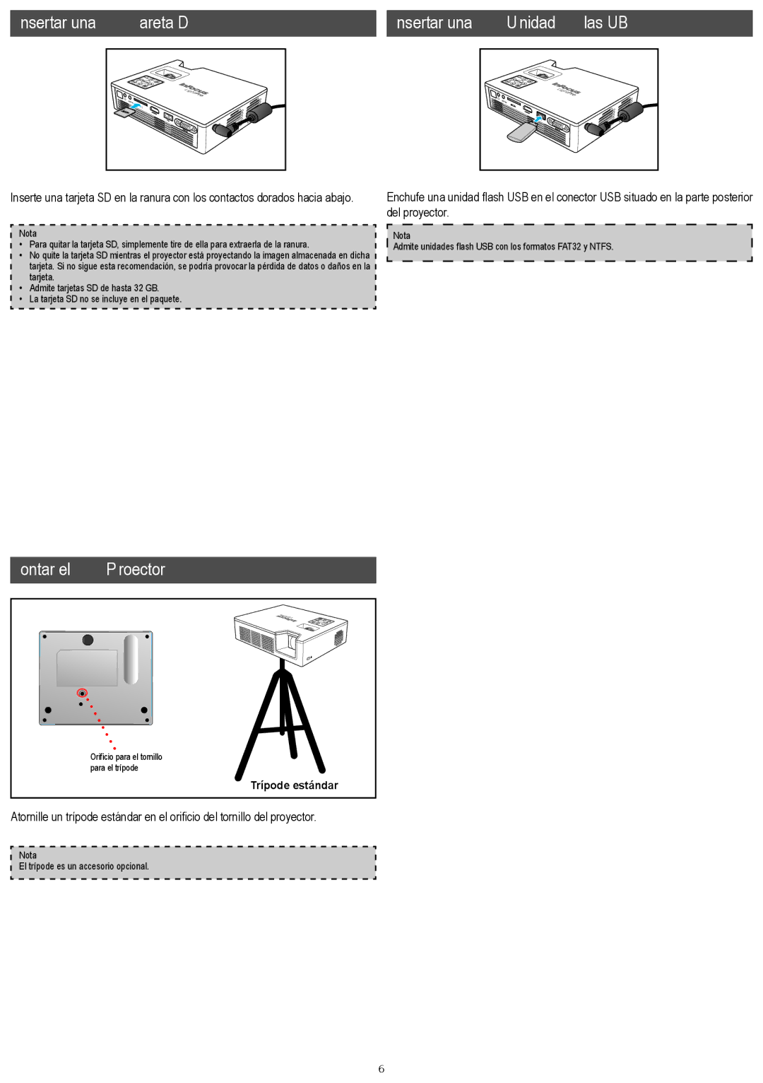 InFocus IN1146 manual Insertar una Tarjeta SD Insertar una Unidad Flash USB, Montar el Proyector 