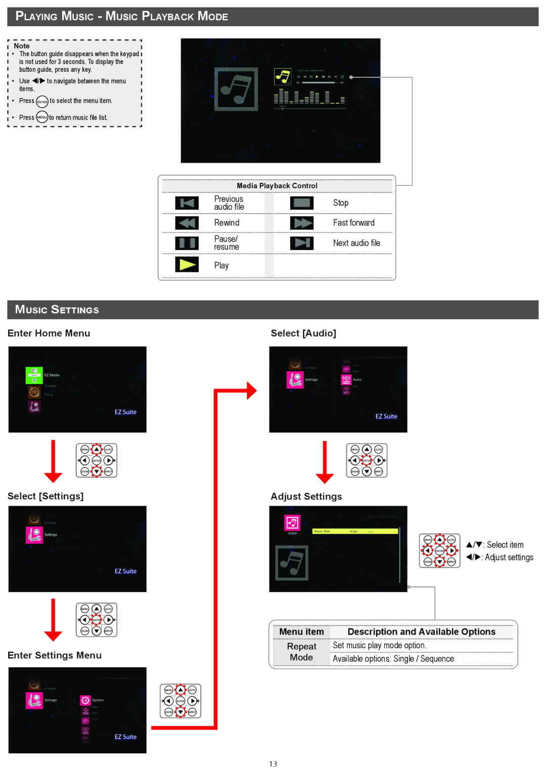 InFocus IN1146 manual Playing Music Music Playback Mode, Menu item Description and Available Options Repeat 