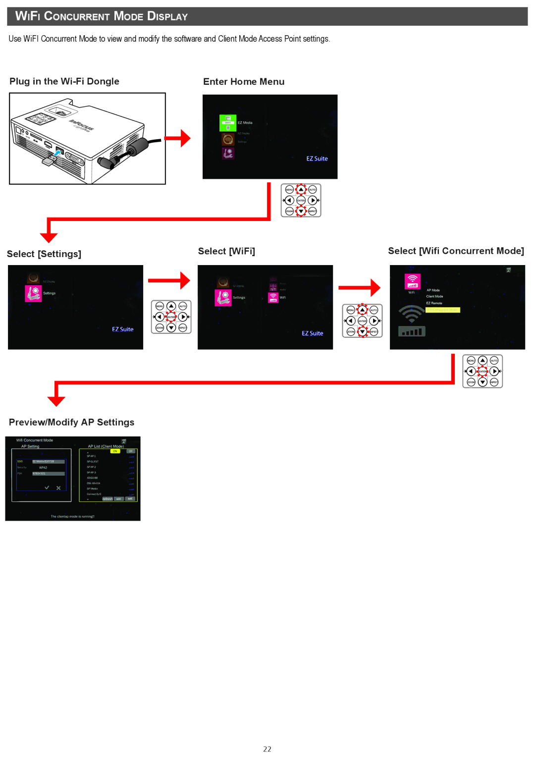 InFocus IN1146 manual Preview/Modify AP Settings, WiFi Concurrent Mode Display 