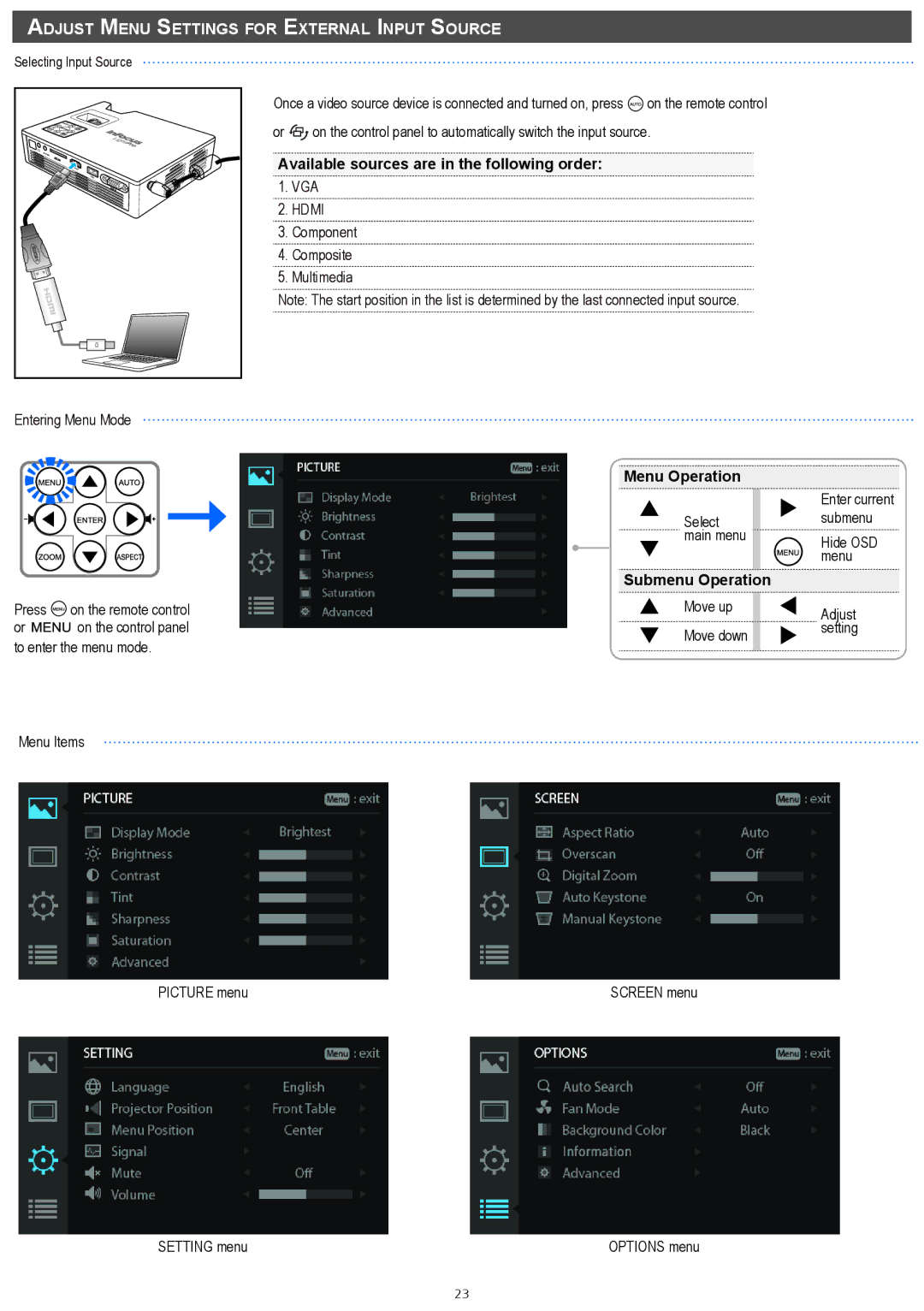 InFocus IN1146 manual Adjust Menu Settings for External Input Source, Available sources are in the following order 