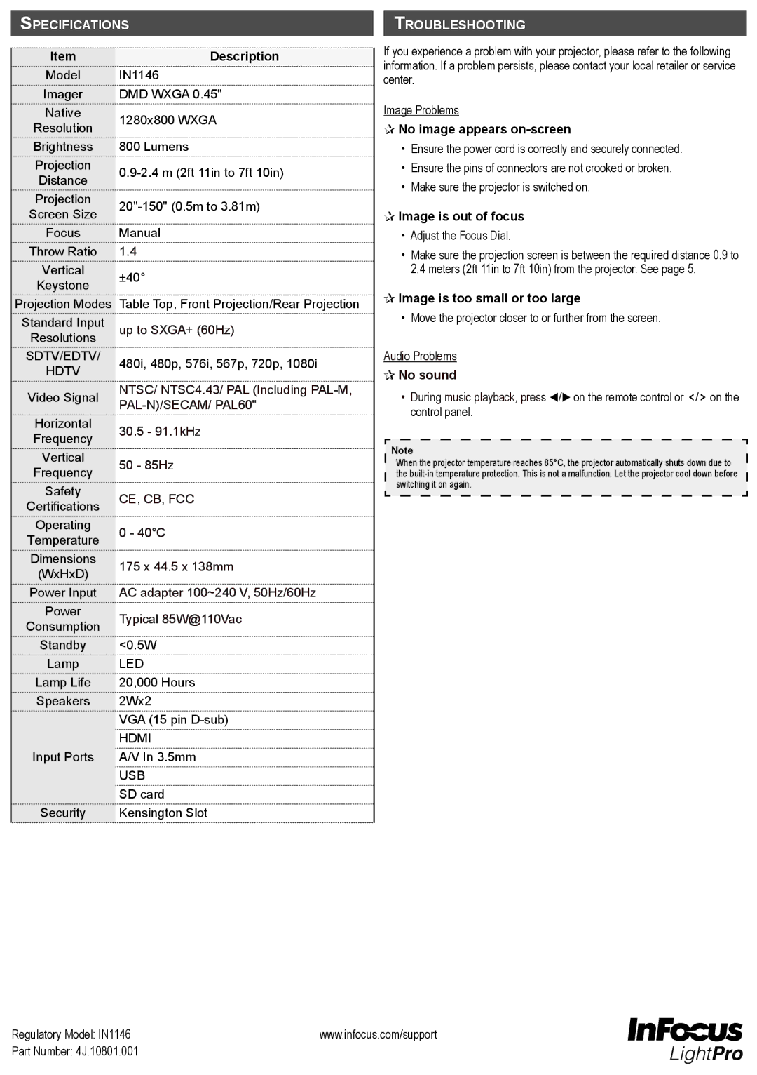 InFocus IN1146 manual Specifications, Troubleshooting 