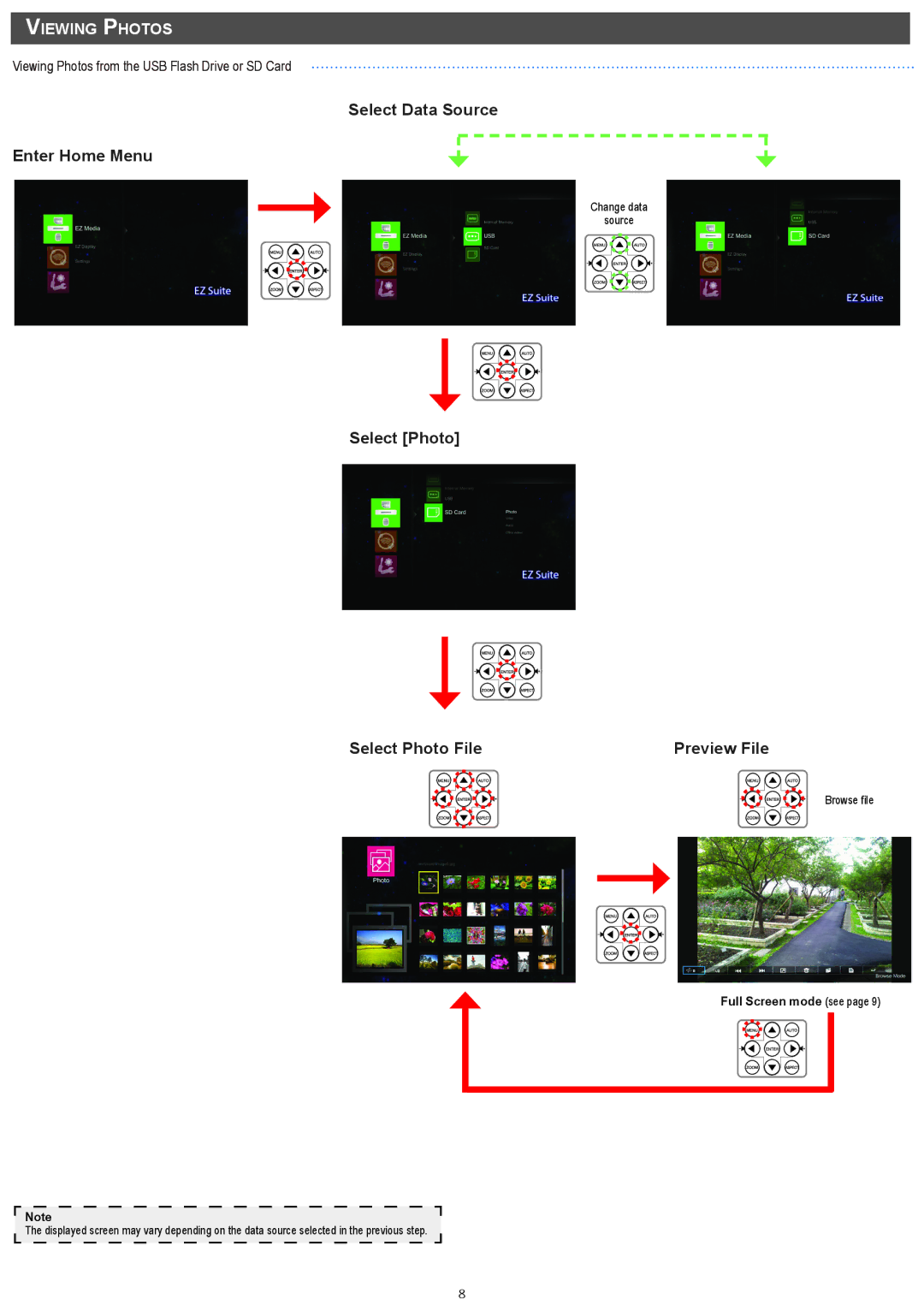 InFocus IN1146 manual Select Data Source Enter Home Menu, Select Photo Select Photo File, Viewing Photos 