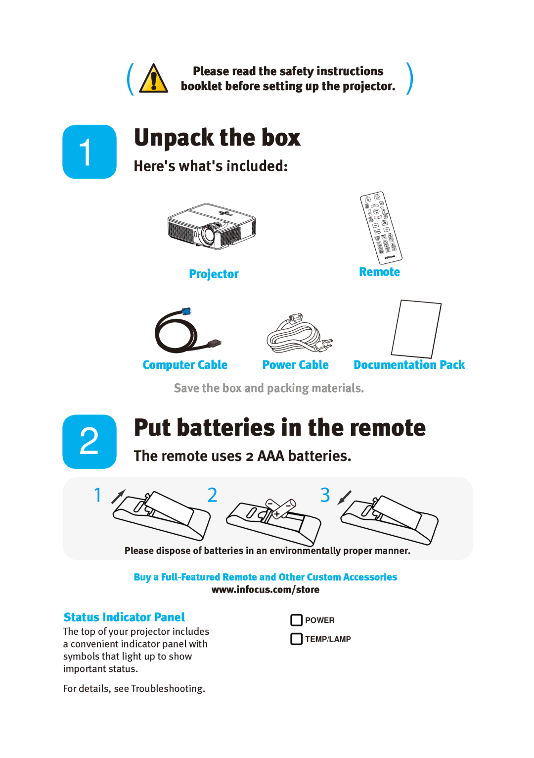 InFocus IN114, IN116, IN112 manual Put batteries in the remote 