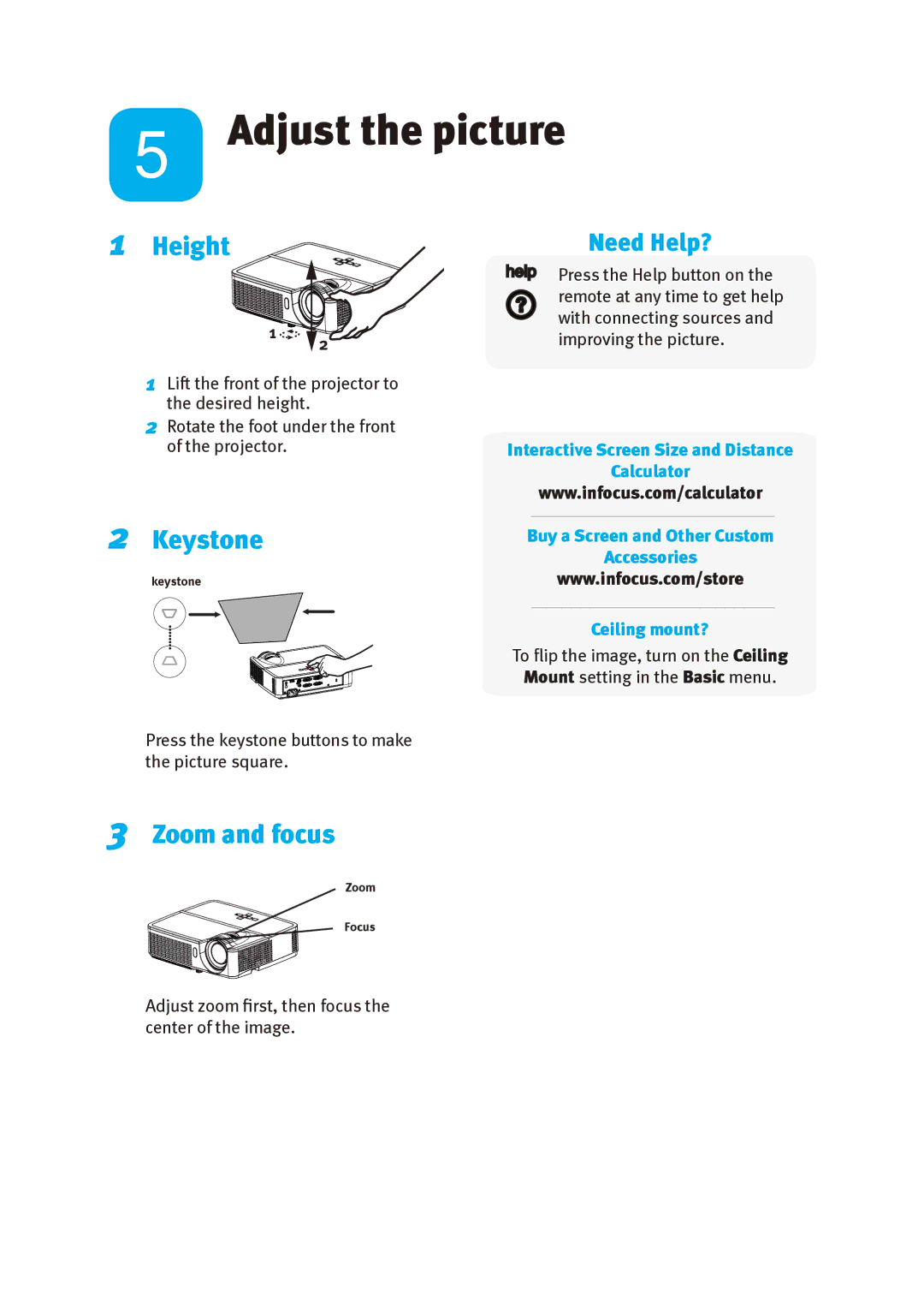 InFocus IN114, IN116, IN112 manual Adjust the picture, Height, Keystone, Zoom and focus 