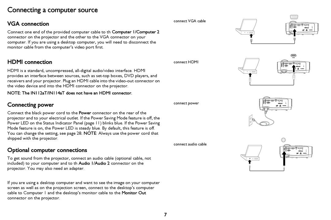 InFocus IN112aT, IN116a, IN114STa, IN114a Connecting a computer source, VGA connection, HDMI connection, Connecting power 