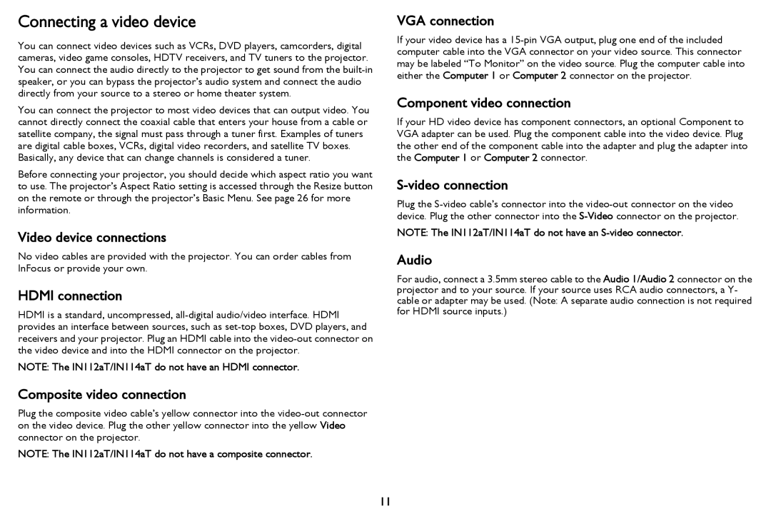 InFocus IN112aT, IN116a, IN114STa, IN118HDSTa, IN114aT, IN118HDa manual Connecting a video device 