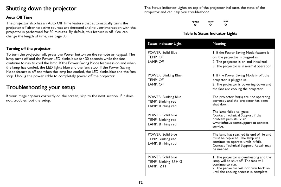 InFocus IN112a, IN116a Shutting down the projector, Troubleshooting your setup, Auto Off Time, Turning off the projector 