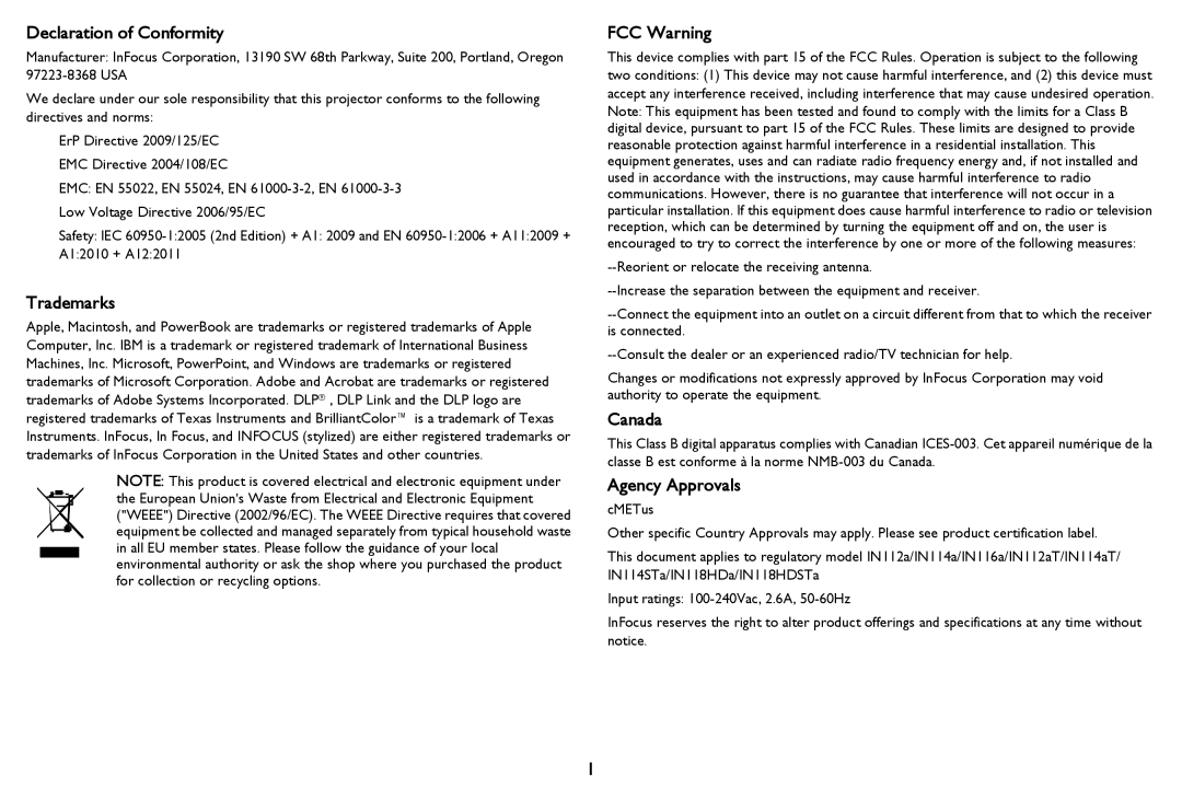 InFocus IN118HDSTa, IN116a, IN114STa, IN114a Declaration of Conformity, Trademarks, FCC Warning, Canada, Agency Approvals 