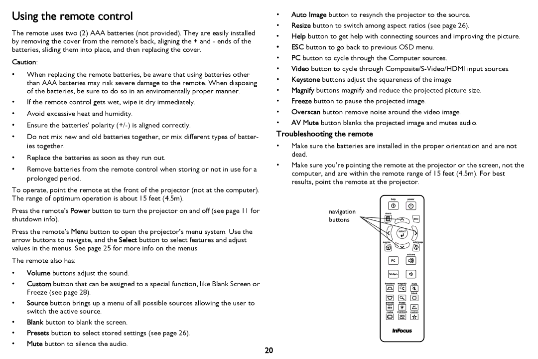 InFocus IN116a, IN114STa, IN118HDSTa, IN112aT, IN114aT, IN118HDa Using the remote control, Troubleshooting the remote 