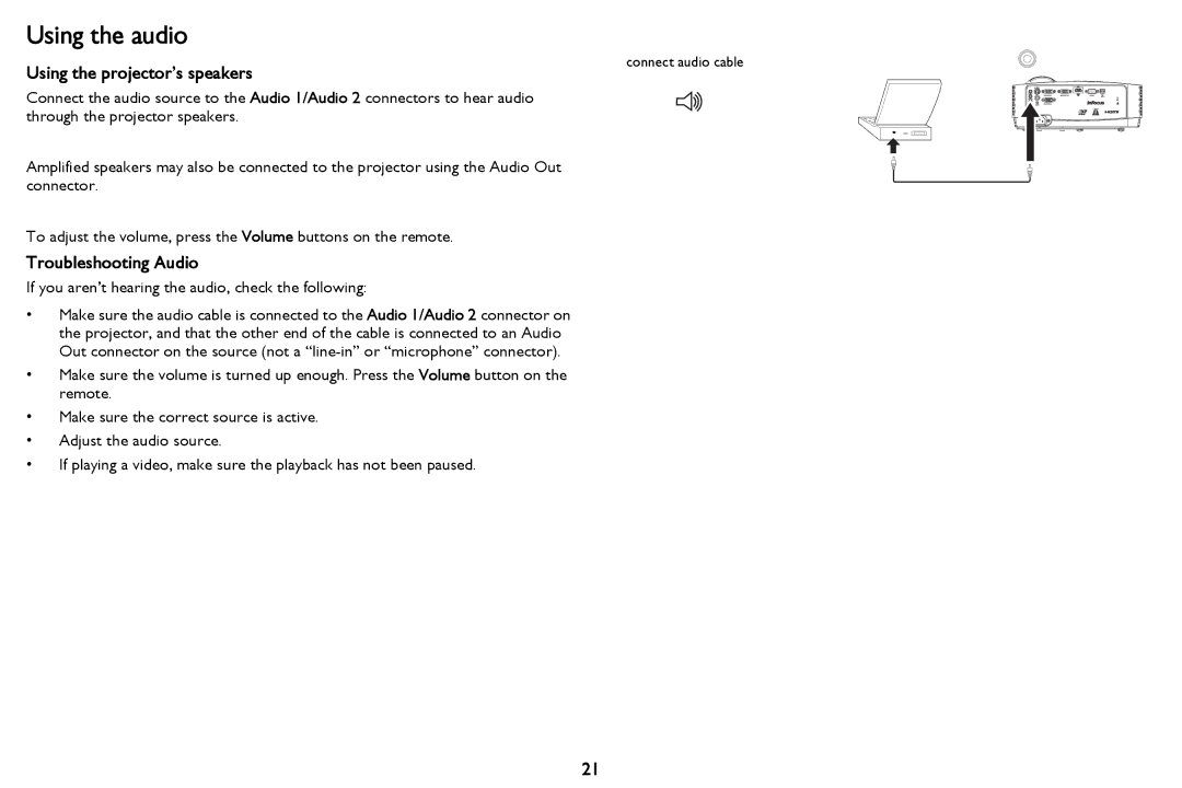 InFocus IN114aT, IN116a, IN114STa, IN118HDSTa, IN112aT Using the audio, Using the projector’s speakers, Troubleshooting Audio 
