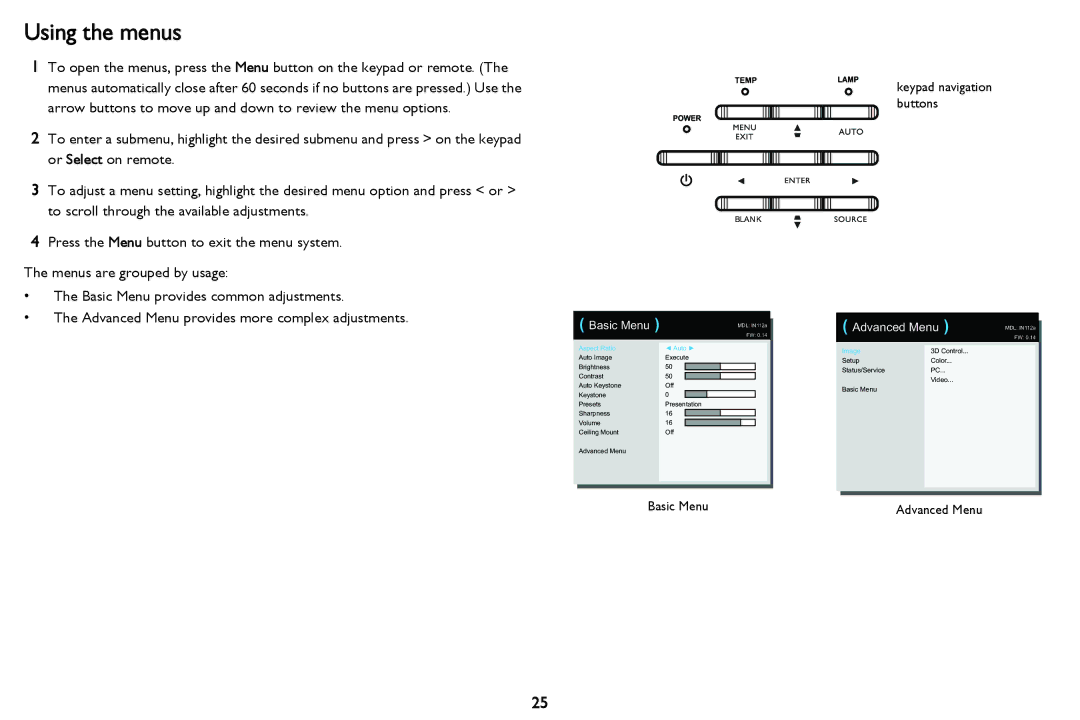 InFocus IN118HDSTa, IN116a, IN114STa, IN112aT, IN114aT, IN118HDa manual Using the menus, Basic Menu 