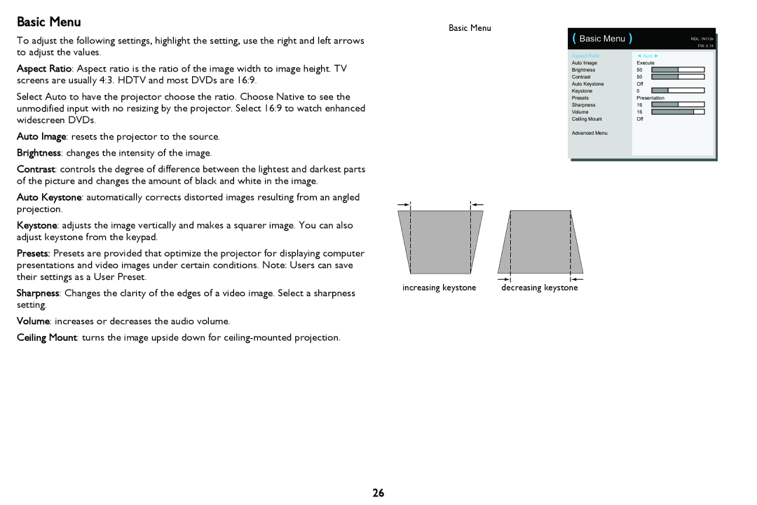 InFocus IN116a, IN114STa, IN118HDSTa, IN112aT, IN114aT, IN118HDa manual Basic Menu 