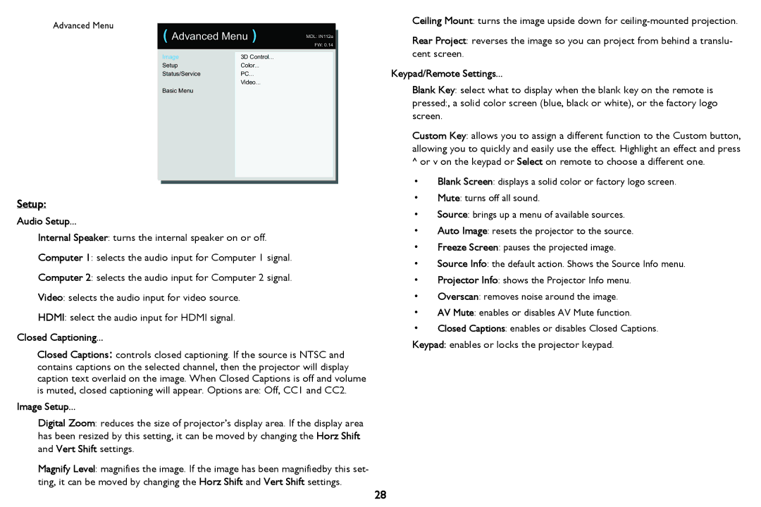 InFocus IN112a, IN116a, IN114STa, IN118HDSTa, IN114a Audio Setup, Keypad/Remote Settings, Closed Captioning, Image Setup 