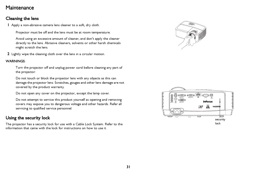 InFocus IN116a, IN114STa, IN118HDSTa, IN112aT, IN114aT, IN118HDa Maintenance, Cleaning the lens, Using the security lock 