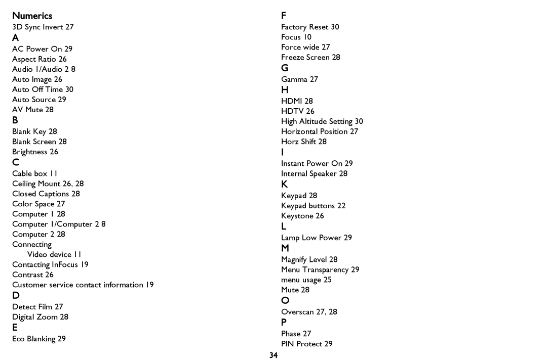 InFocus IN116a, IN114STa, IN118HDSTa, IN112aT, IN114aT, IN118HDa manual Numerics, Hdmi Hdtv 