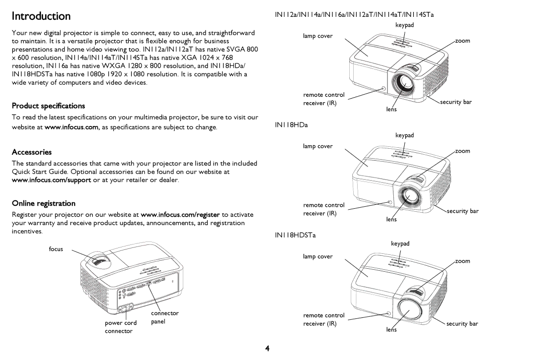 InFocus IN112a, IN116a, IN114STa, IN118HDSTa, IN114a Introduction, Product specifications Accessories Online registration 