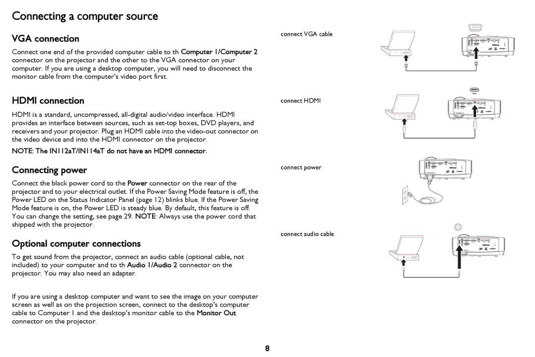 InFocus IN114STa, IN116a, IN118HDSTa, IN114a Connecting a computer source, VGA connection, Hdmi connection, Connecting power 