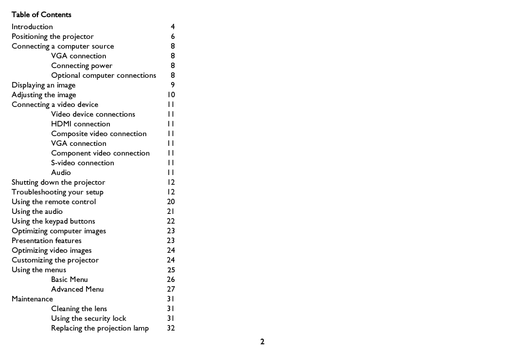 InFocus IN116a, IN114STa, IN118HDSTa, IN112aT, IN114aT, IN118HDa manual Table of Contents 