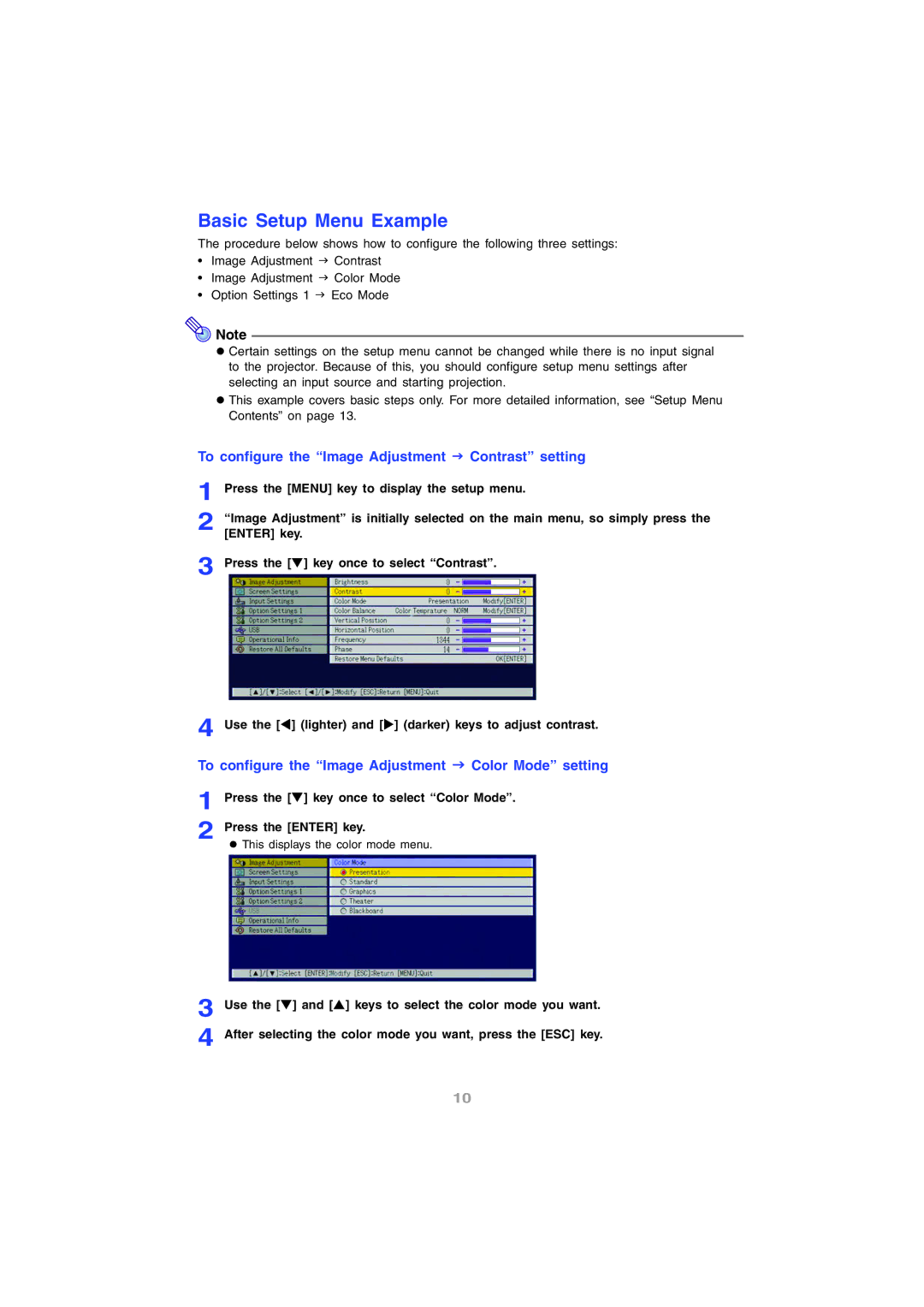 InFocus IN12 manual Basic Setup Menu Example, To configure the Image Adjustment J Contrast setting 