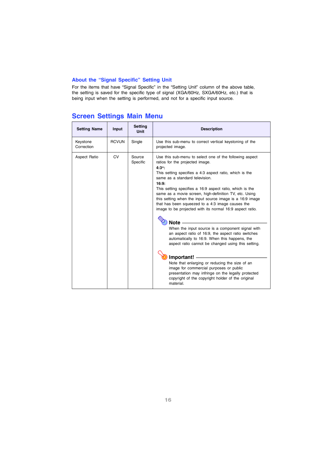 InFocus IN12 manual Screen Settings Main Menu, About the Signal Specific Setting Unit, Rcvun, 169 