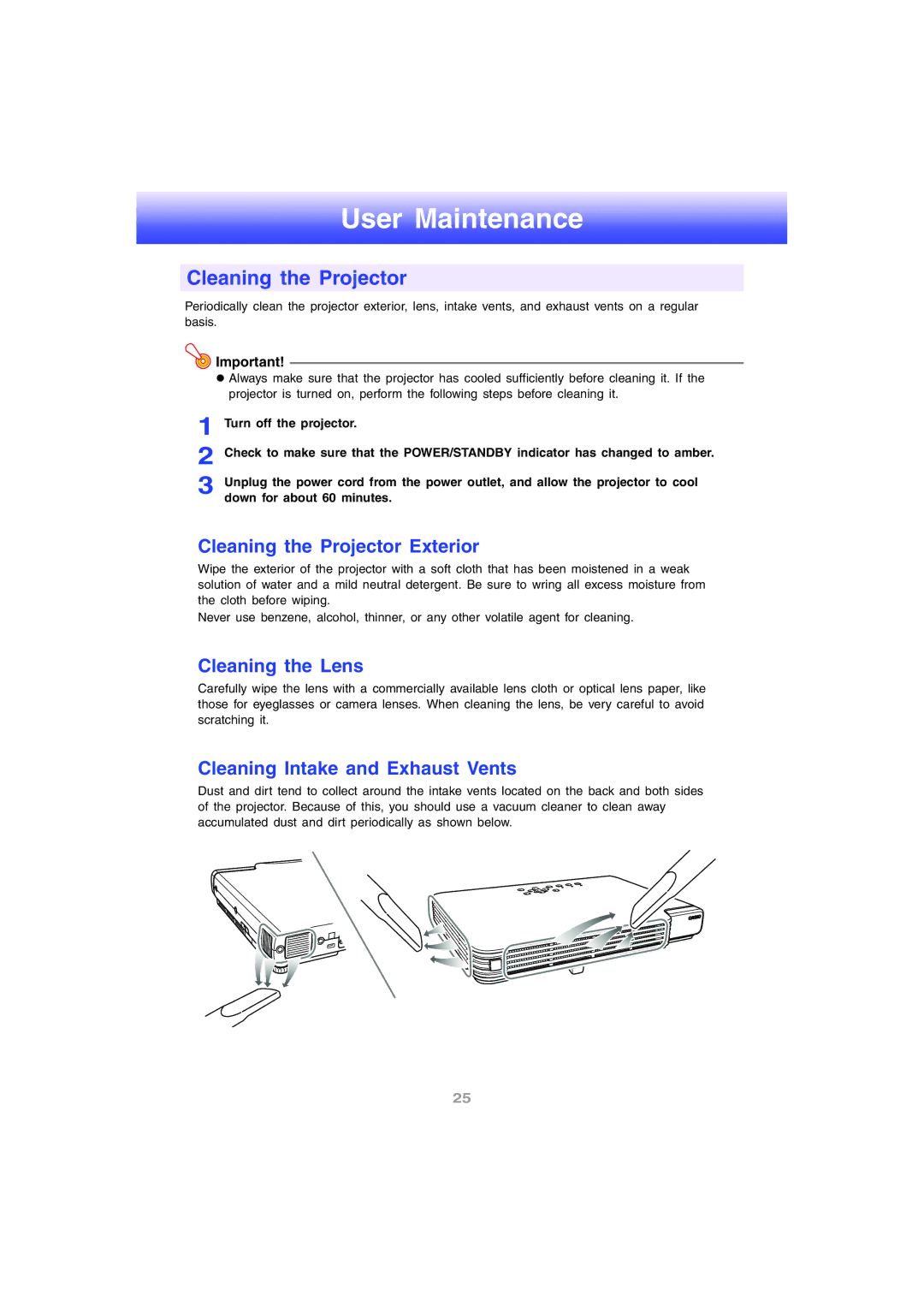 InFocus IN12 User Maintenance, Cleaning the Projector Exterior, Cleaning the Lens, Cleaning Intake and Exhaust Vents 