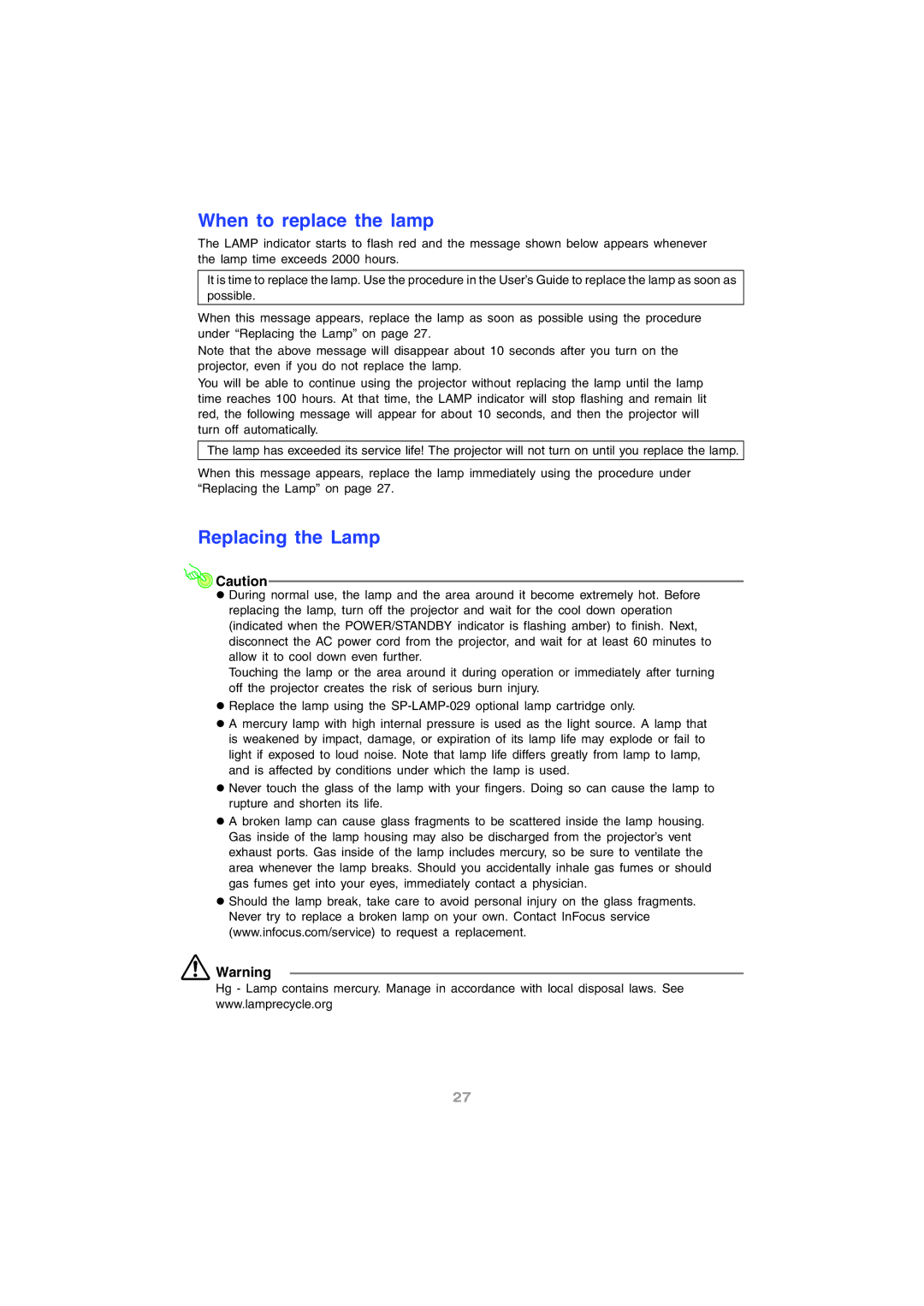 InFocus IN12 manual When to replace the lamp, Replacing the Lamp 