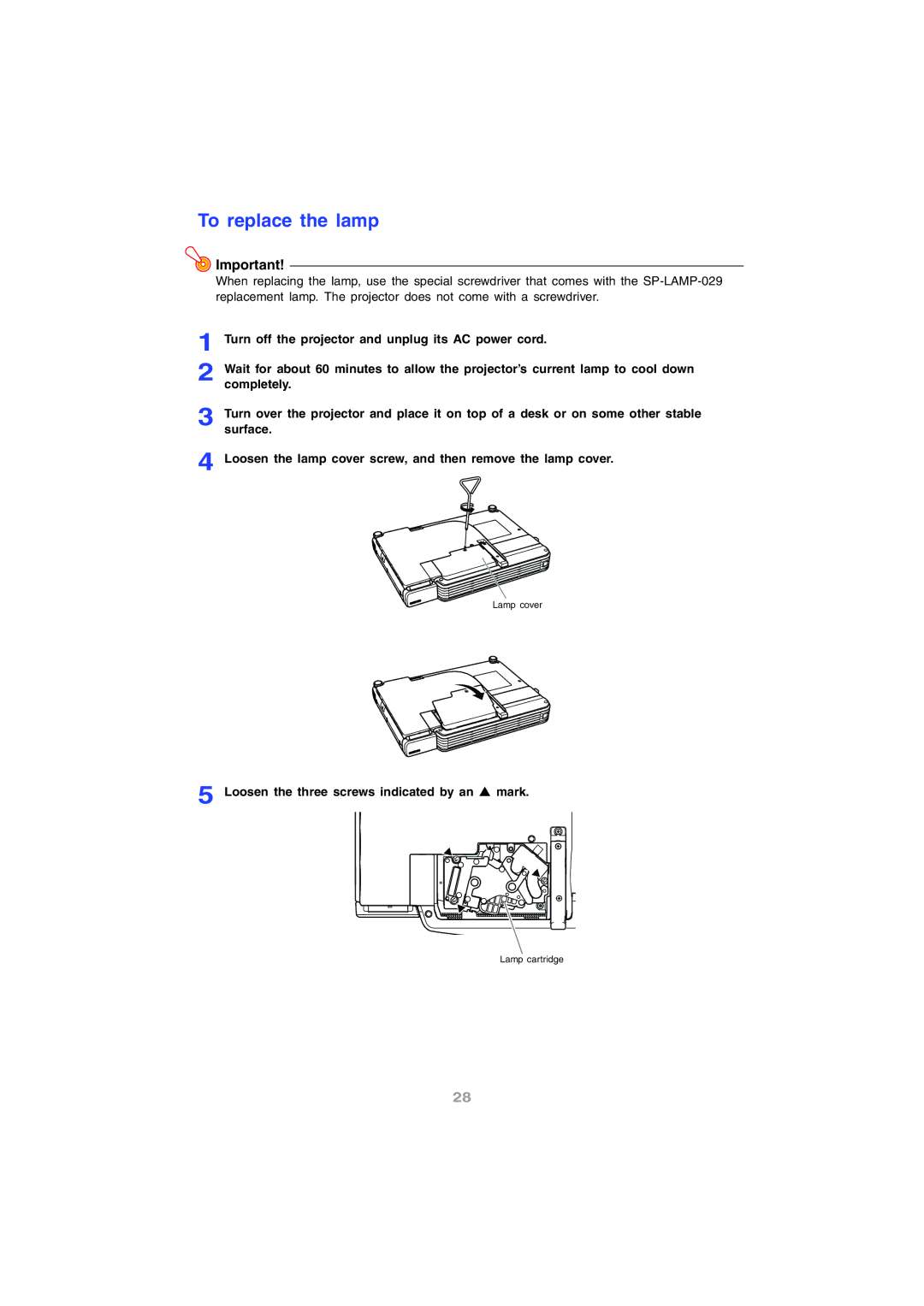 InFocus IN12 manual To replace the lamp, Loosen the three screws indicated by an S mark 