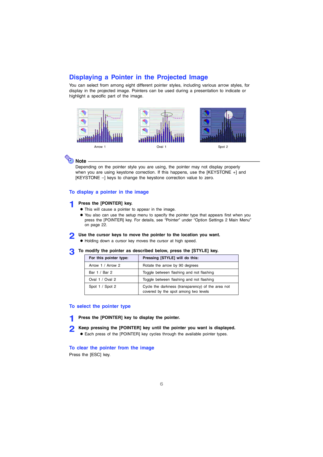 InFocus IN12 Displaying a Pointer in the Projected Image, To display a pointer in the image, To select the pointer type 