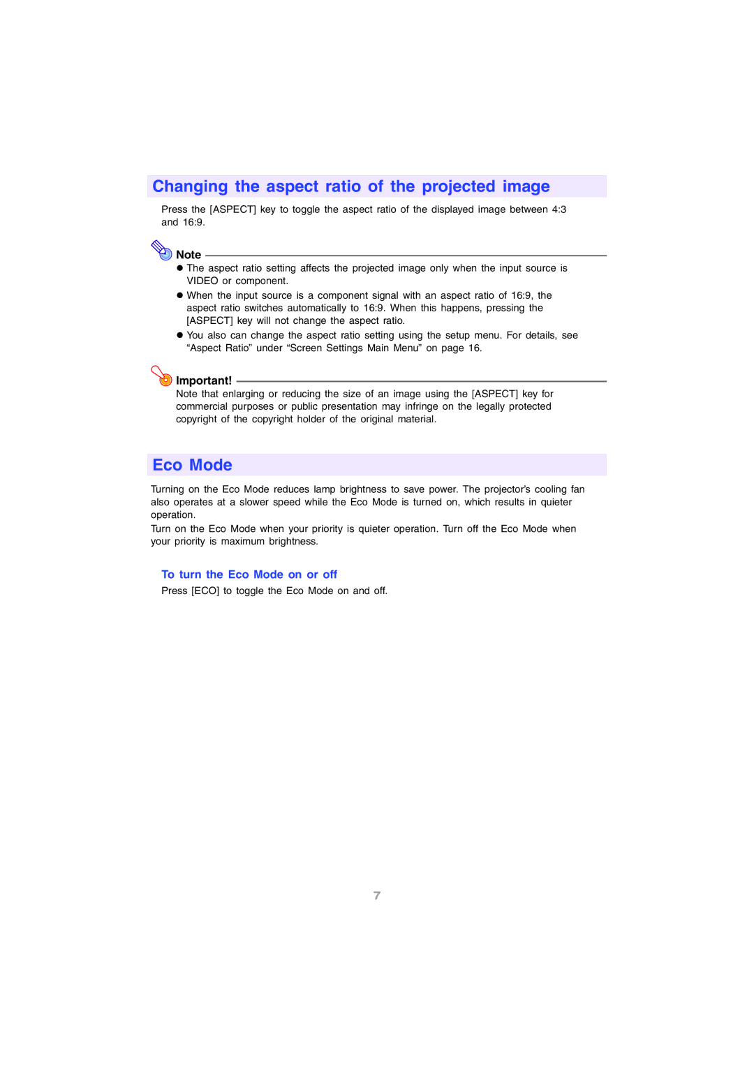 InFocus IN12 manual Changing the aspect ratio of the projected image, To turn the Eco Mode on or off 