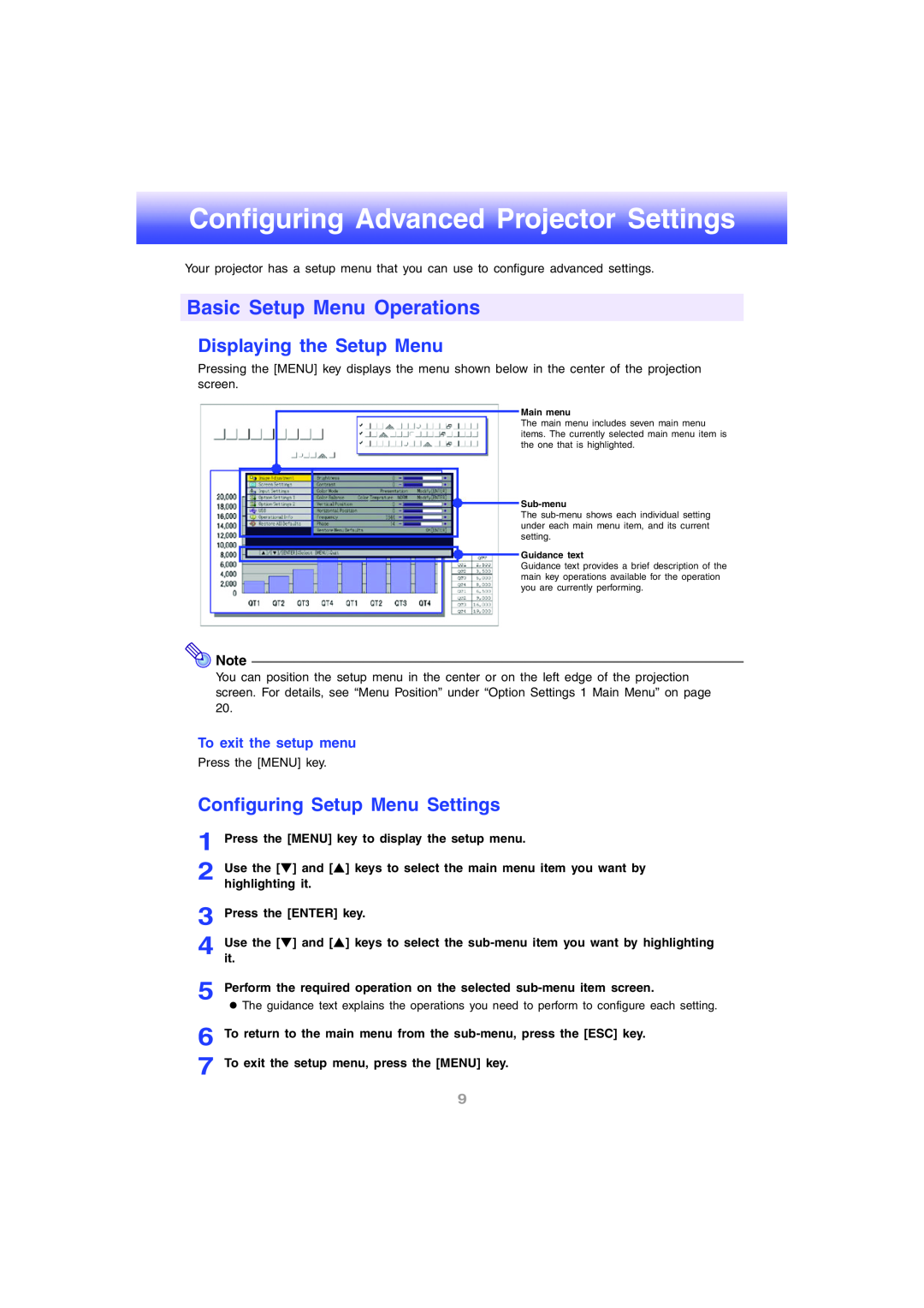 InFocus IN12 manual Configuring Advanced Projector Settings, Basic Setup Menu Operations, Displaying the Setup Menu 