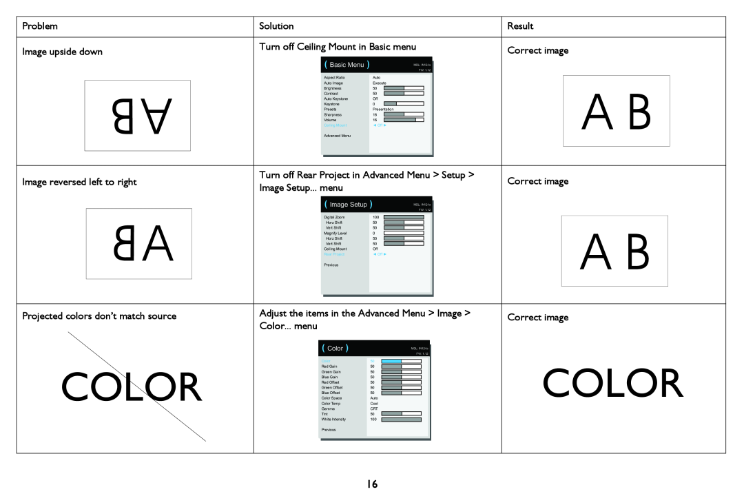 InFocus IN126a Image upside down, Turn off Rear Project in Advanced Menu Setup, Image Setup... menu, Color... menu, Result 