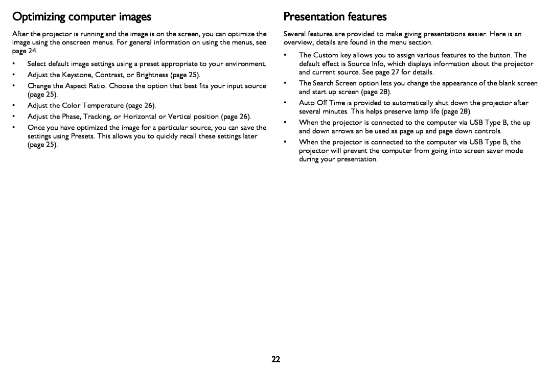 InFocus IN126a, IN124a, IN122a manual Optimizing computer images, Presentation features 