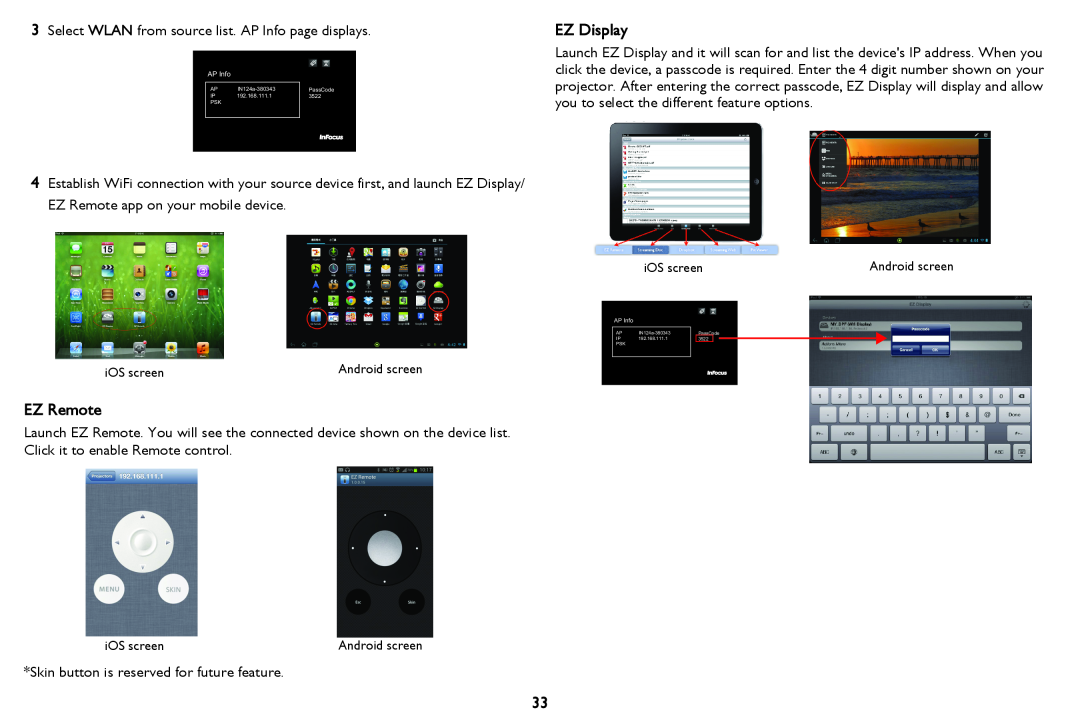 InFocus IN122a, IN124a, IN126a manual EZ Display, EZ Remote, iOS screen 