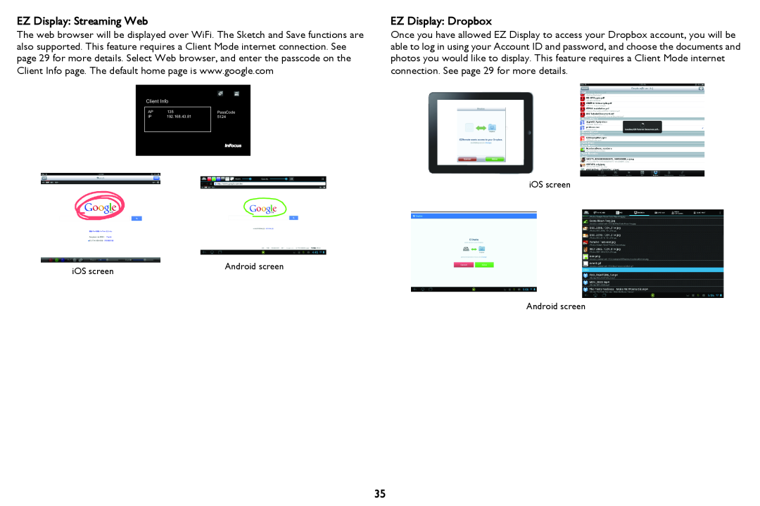 InFocus IN124a, IN122a, IN126a manual EZ Display Streaming Web, EZ Display Dropbox 