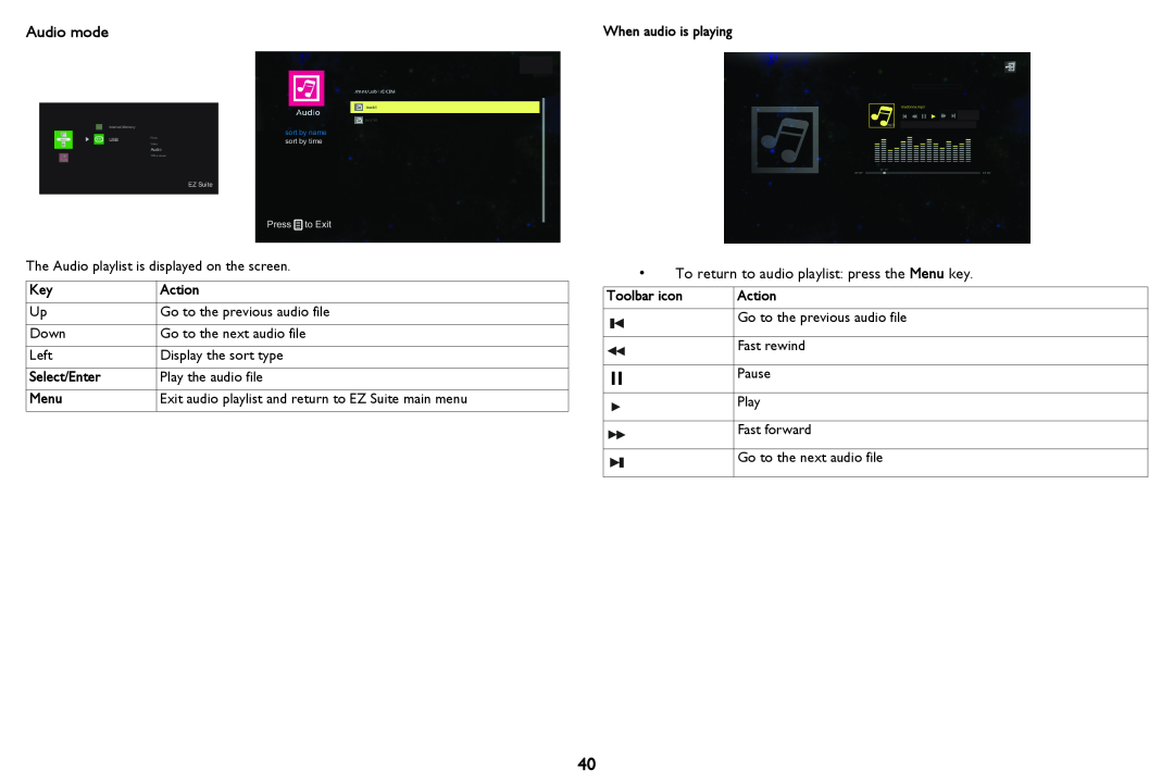 InFocus IN126a, IN124a Audio mode, Exit audio playlist and return to EZ Suite main menu, Go to the previous audio file 
