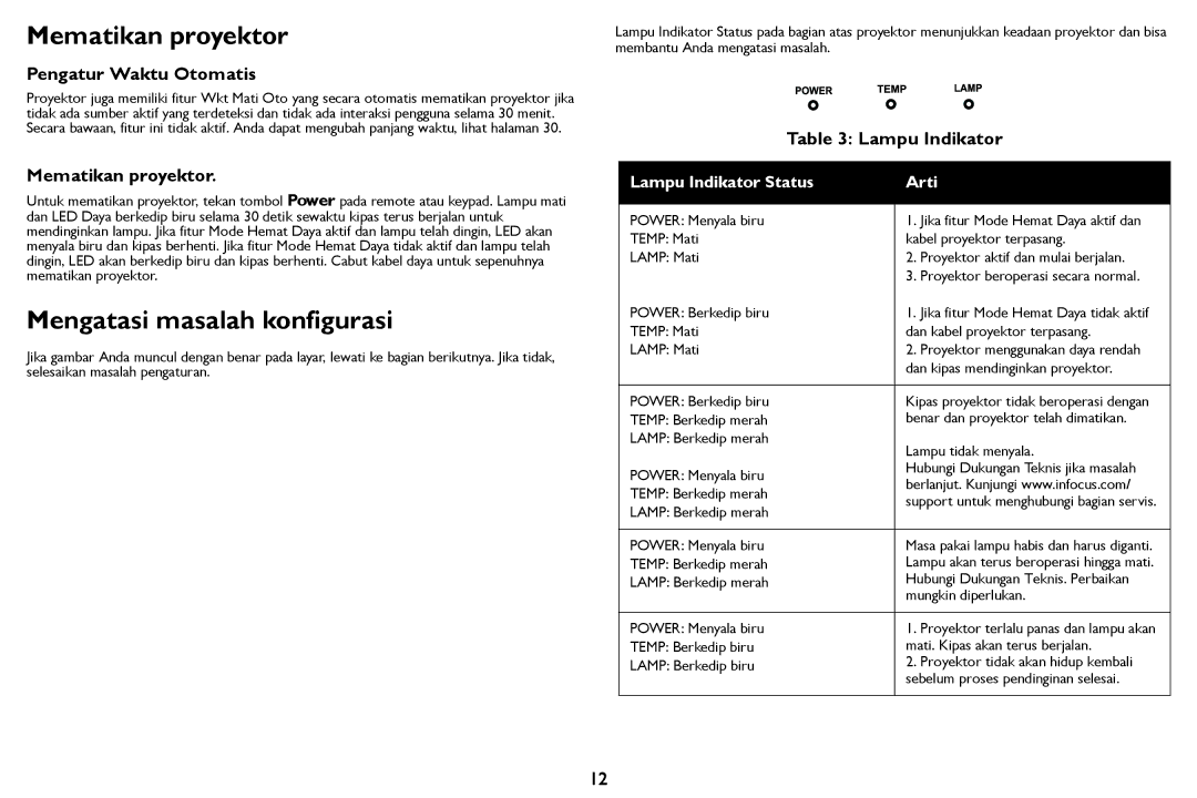 InFocus IN126STa, IN124STa Mematikan proyektor, Mengatasi masalah konfigurasi, Pengatur Waktu Otomatis, Lampu Indikator 