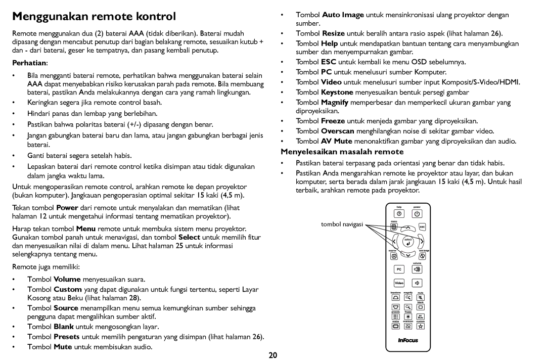 InFocus IN126STa, IN124STa manual Menggunakan remote kontrol, Menyelesaikan masalah remote, Perhatian 