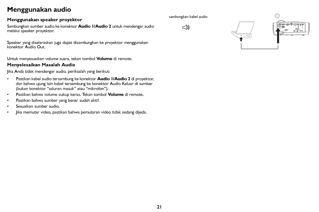 InFocus IN124STa, IN126STa manual Menggunakan audio, Menggunakan speaker proyektor, Menyelesaikan Masalah Audio 