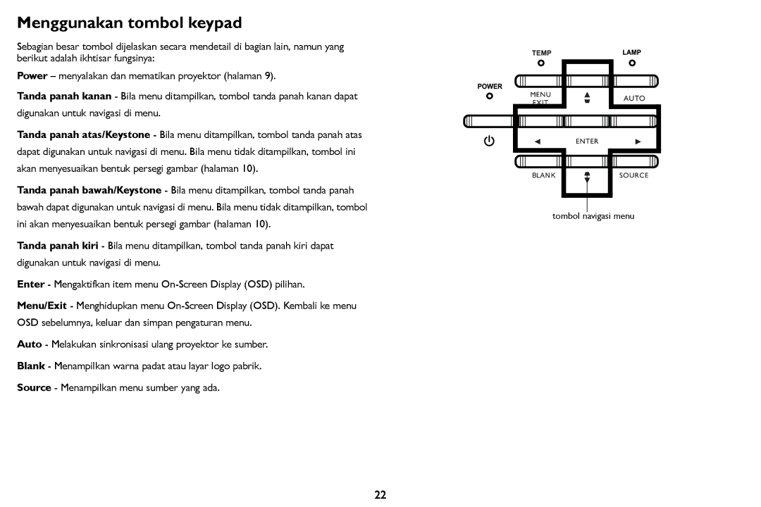 InFocus IN126STa, IN124STa manual Menggunakan tombol keypad 