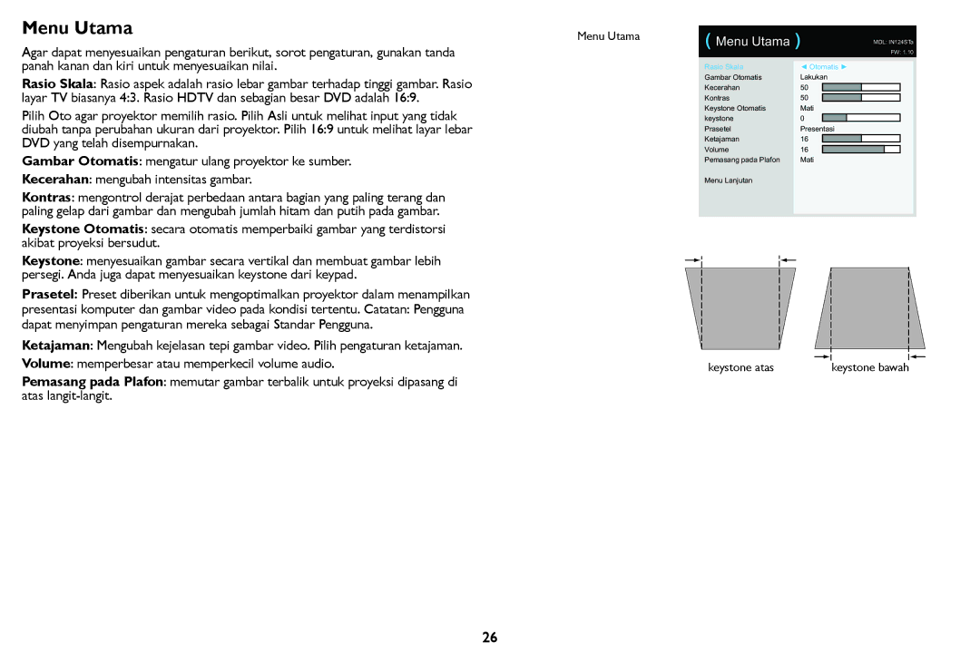 InFocus IN126STa, IN124STa manual Menu Utama 