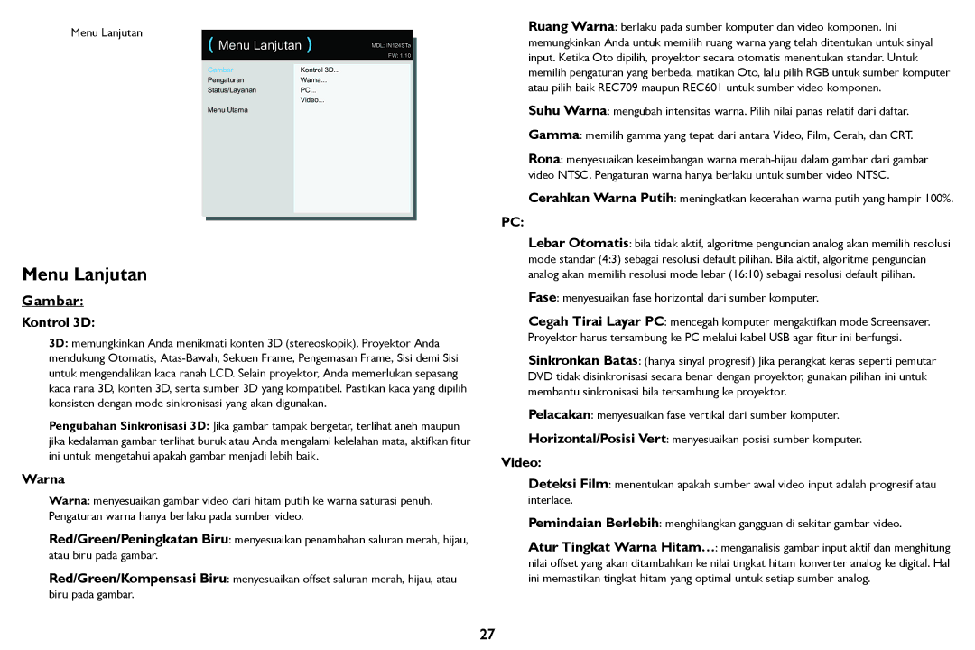 InFocus IN124STa, IN126STa manual Menu Lanjutan, Gambar, Kontrol 3D, Warna, Video 