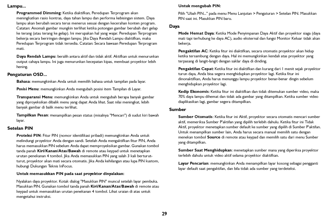 InFocus IN124STa, IN126STa manual Lampu, Pengaturan OSD, Setelan PIN, Daya 
