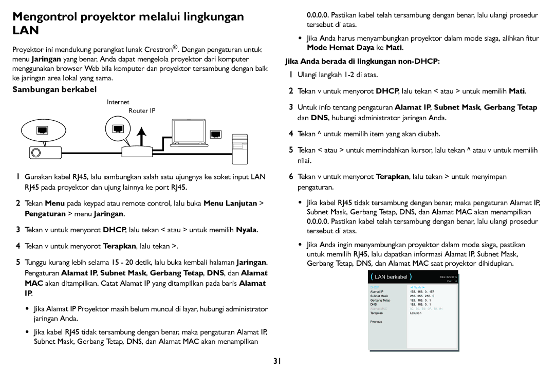 InFocus IN124STa Mengontrol proyektor melalui lingkungan, Sambungan berkabel, Jika Anda berada di lingkungan non-DHCP 