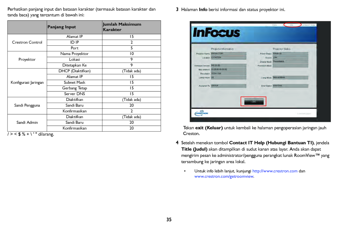 InFocus IN124STa, IN126STa manual Item Kategori Panjang Input Jumlah Maksimum Karakter 