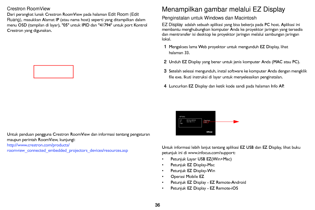 InFocus IN126STa manual Menampilkan gambar melalui EZ Display, Crestron RoomView, Penginstalan untuk Windows dan Macintosh 