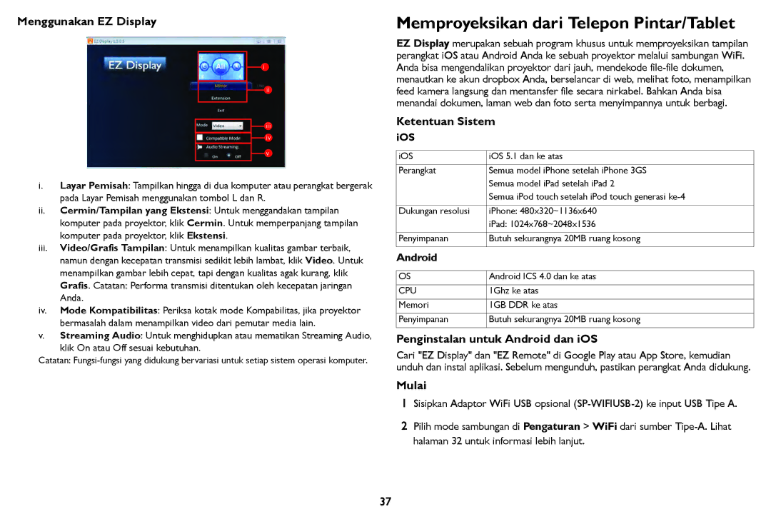 InFocus IN124STa, IN126STa manual Memproyeksikan dari Telepon Pintar/Tablet, Menggunakan EZ Display, Ketentuan Sistem, Mulai 