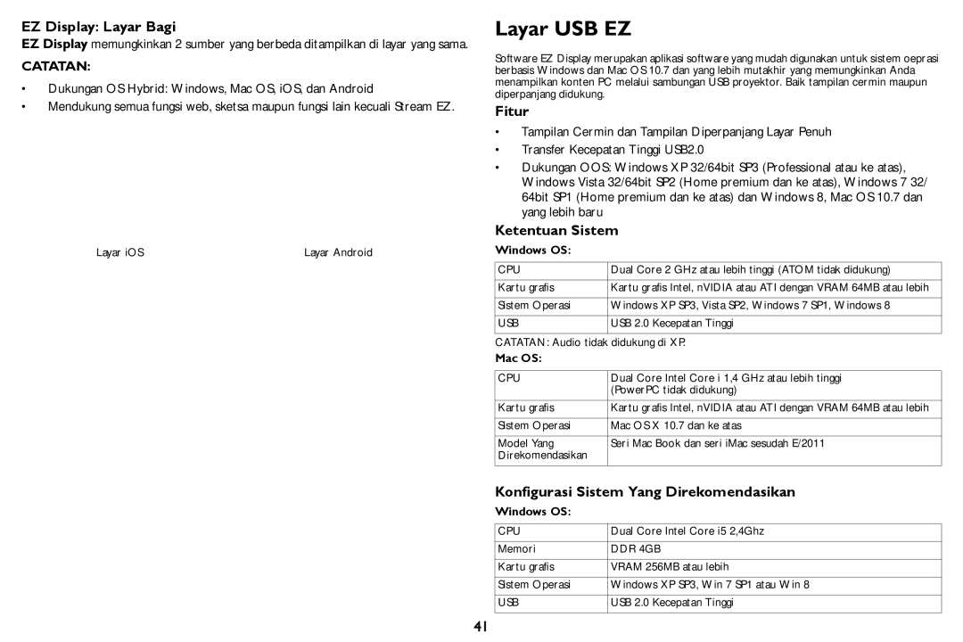 InFocus IN124STa, IN126STa manual Layar USB EZ, EZ Display Layar Bagi, Fitur, Konfigurasi Sistem Yang Direkomendasikan 