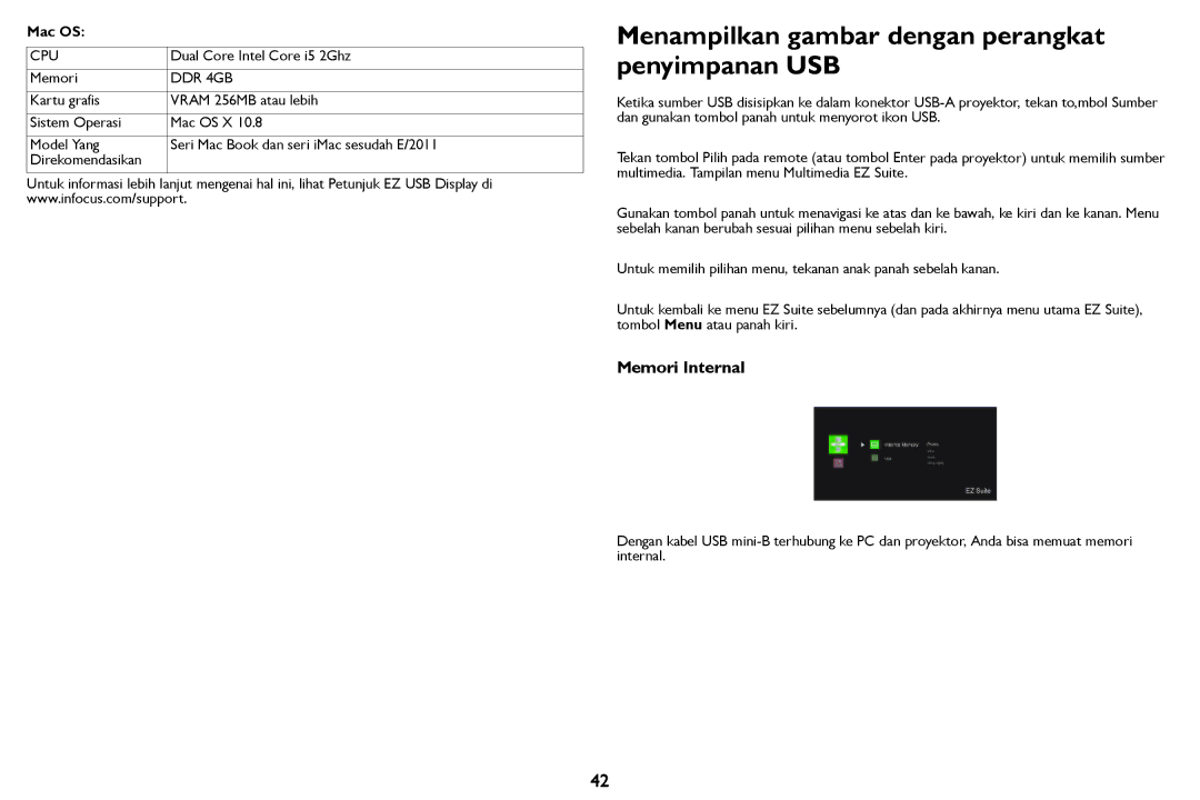 InFocus IN126STa, IN124STa manual Menampilkan gambar dengan perangkat penyimpanan USB, Memori Internal 