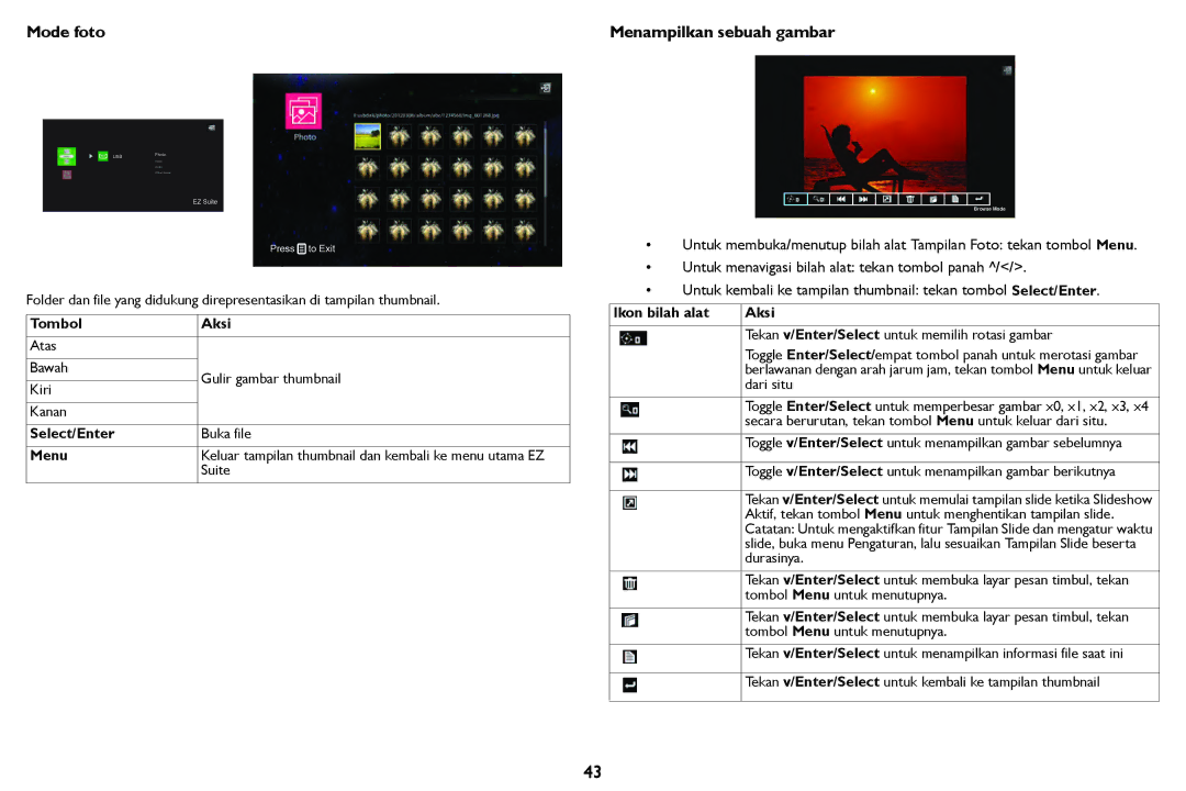 InFocus IN124STa, IN126STa manual Mode foto Menampilkan sebuah gambar, Tombol Aksi, Select/Enter, Menu, Ikon bilah alat Aksi 